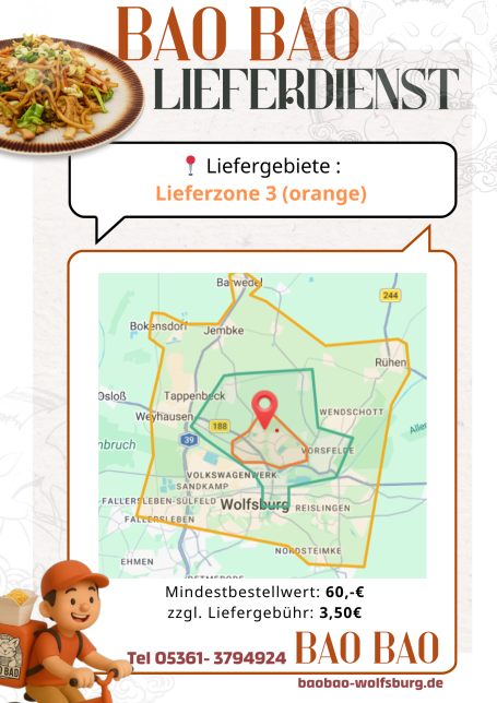 Liefergebiet von Bao Bao mit orangefarbener Umrandung auf einer Karte.